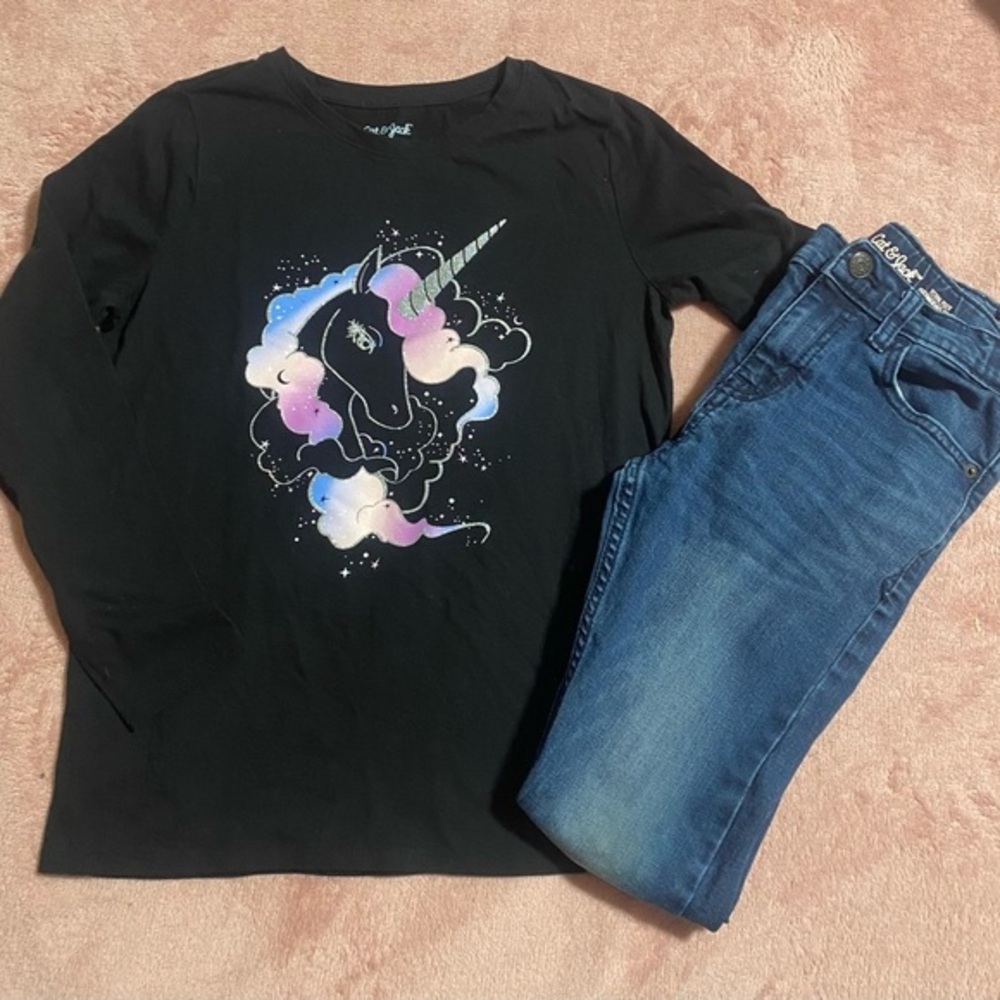 Girls Cat & Jack Unicorn Shirt & Adjustable Jeans Outfit
